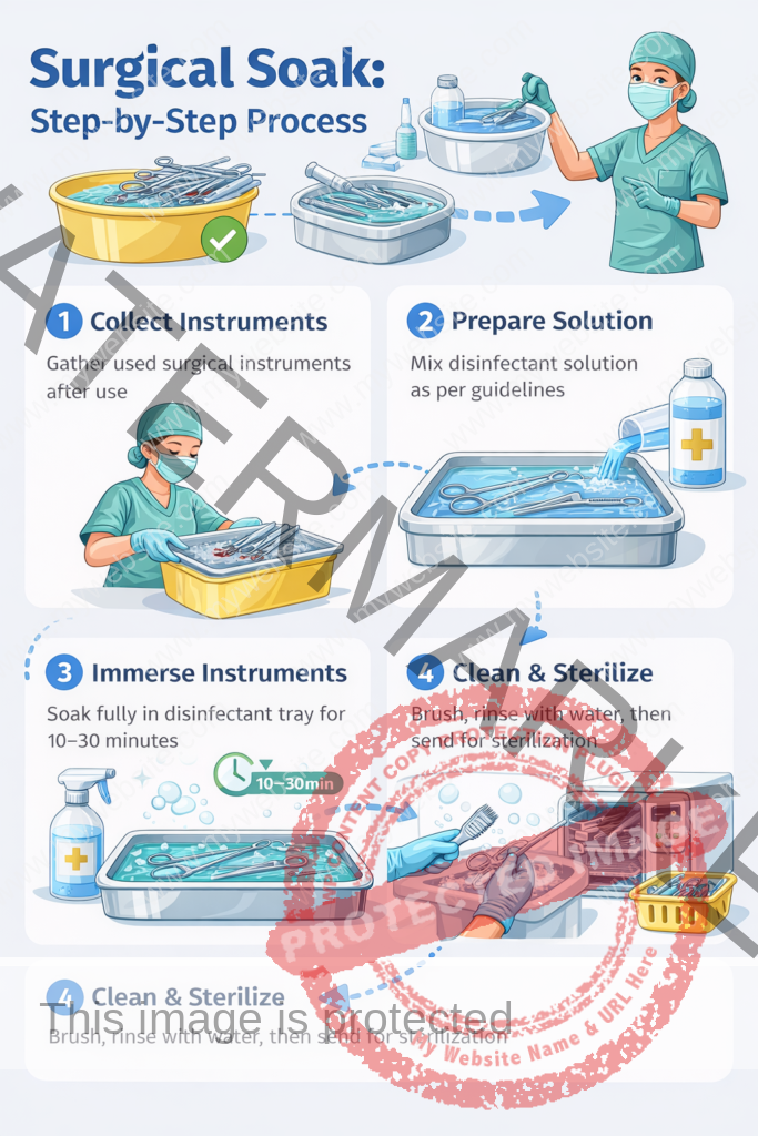 Surgical instruments soaking in disinfectant solution in hospital