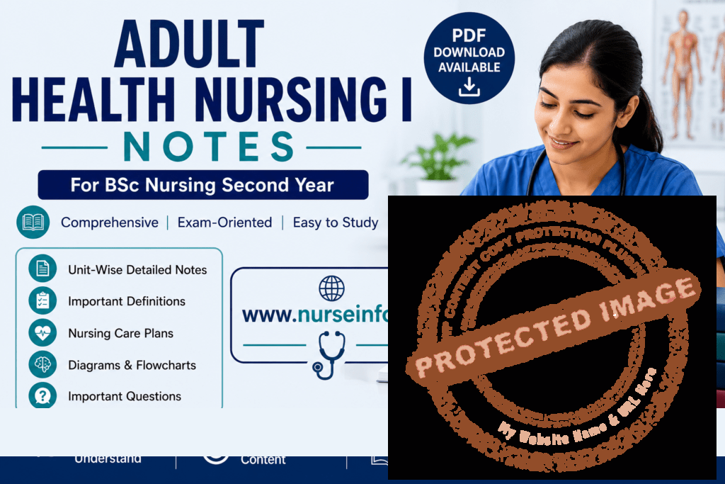 Adult Health Nursing I Notes for BSc Nursing Second Year PDF download with unit-wise nursing notes, care plans, diagrams, flowcharts, important definitions, and exam preparation study material from NurseInfo.